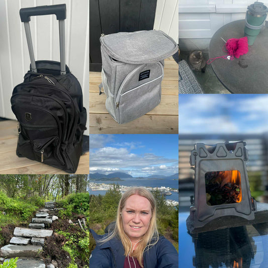 Kollasj med sommerbilder: svart trillebag og grå kjøleryggsekk på veranda, strikketøy og kopp ute på bord, kvistbrenner i bruk, steinlagt tursti i skogen, kvinne på fjelltur med utsikt over by og fjord.