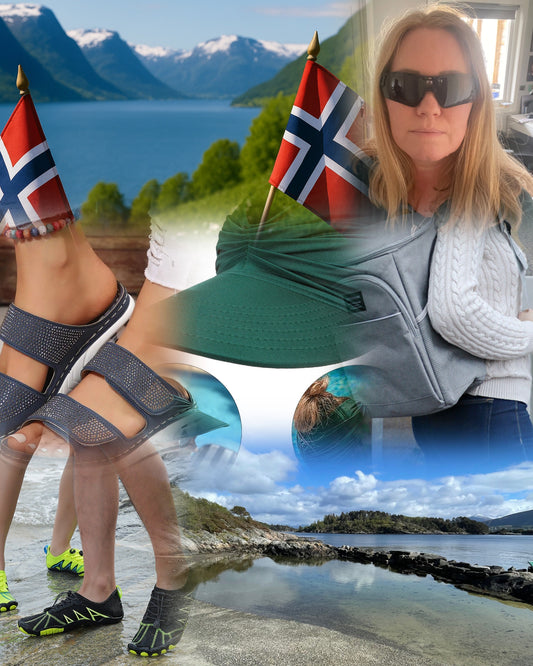 Montasje med norsk natur, 17. mai-flagg, sommersandaler, turklær og en kvinne med solbriller – et sammensatt bilde som formidler nasjonalfeiring, sommerforberedelser og friluftsliv i Norge.