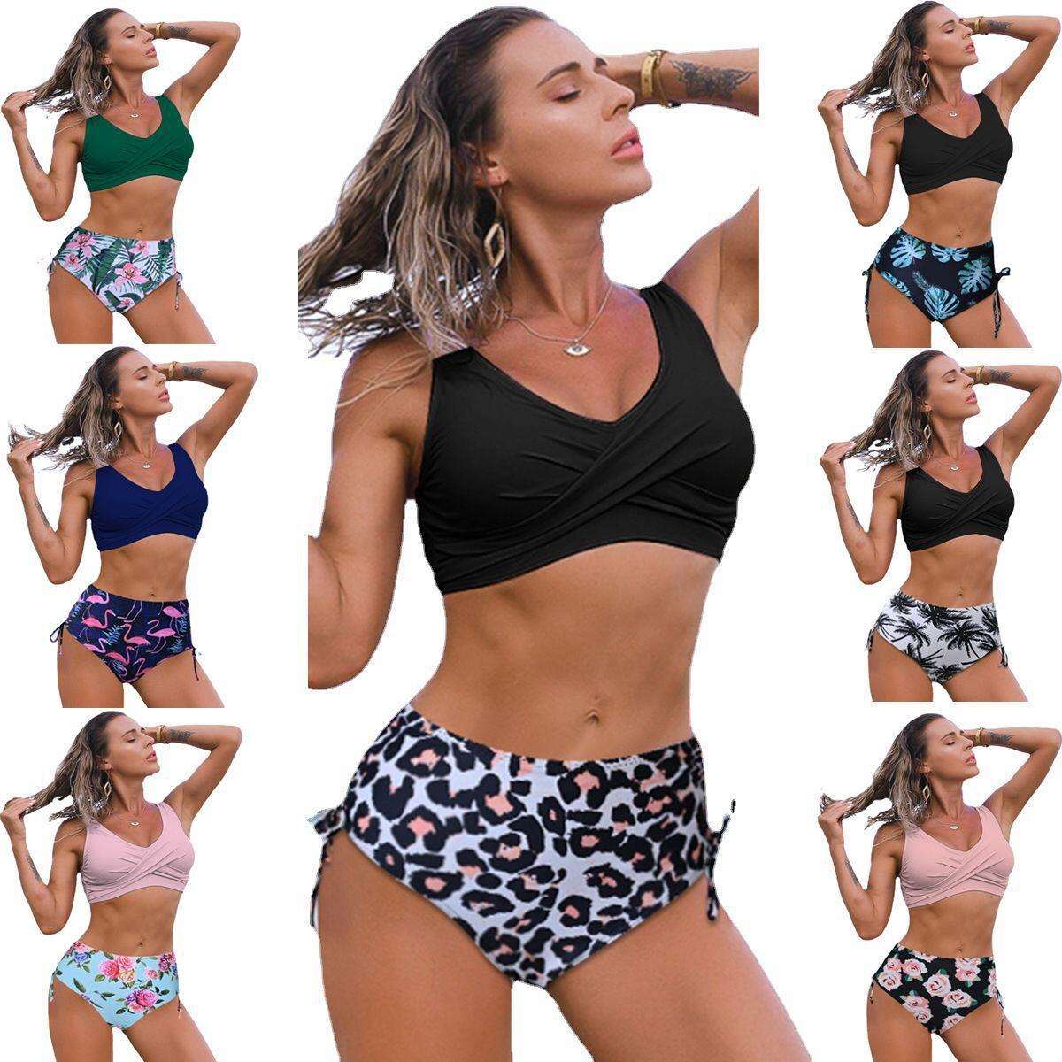 Modell iført en twist bikini med høy midje med vattert overdel og flatterende passform som fremhever midjen. Komfortabel og stilren badedrakt for sommerens eventyr.