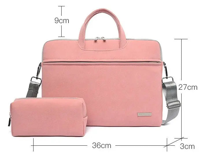 Rosa bærbar laptop-veske i slitesterkt materiale med polstring innvendig for å beskytte din pc. Designet med flere rom til oppbevaring av tilbehør som opplader, mus og dokumenter. Justerbar skulderrem og håndtak for enkel transport, perfekt til både arbejd og reiser.