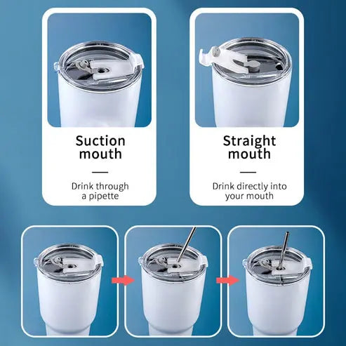 Praktisk og isolerende kopp som holder drikken din varm eller kald, utstyrt med et sugerør for enkel bruk.