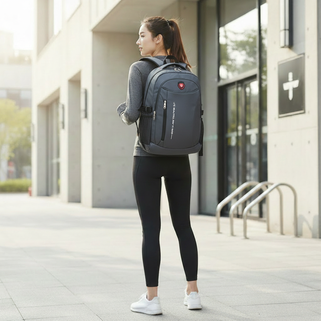 Dame med grå sekk med rødt logo