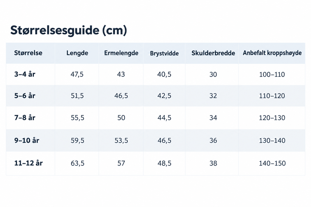 Norsk størrelsesguide for trenchcoat til større barn, med mål i centimeter