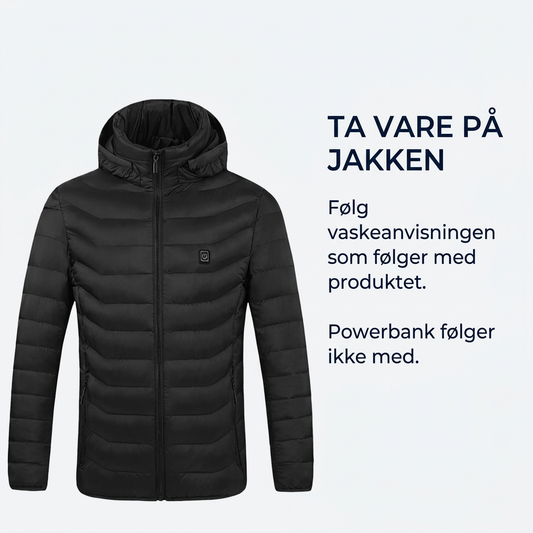 Svart oppvarmet jakke med norsk informasjon om vedlikehold og at powerbank ikke følger med