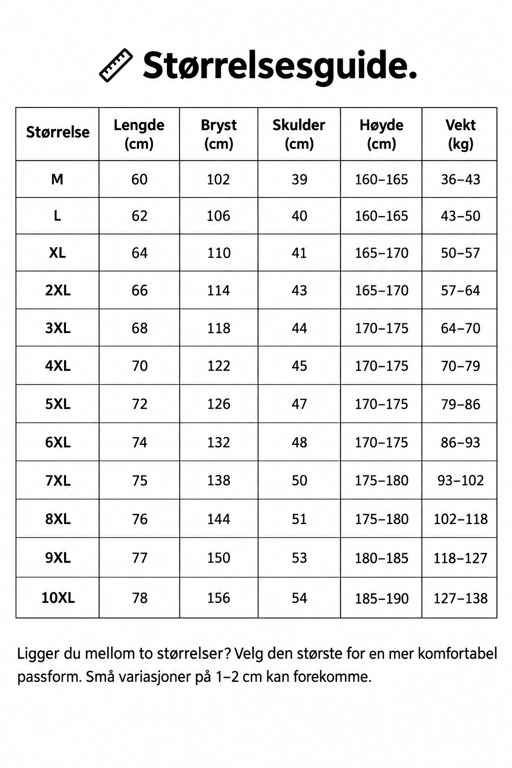 Størrelsesguide for herrevest med mål fra M til 10XL