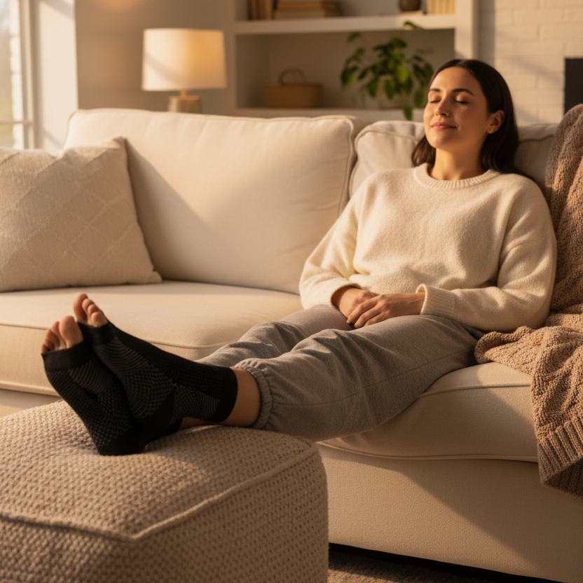 Person med nevropatiske sokker i kveldsmiljø