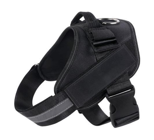Svart justerbar hundesele i slitesterk nylon med refleks og solid spenne, egnet for turer og trening.