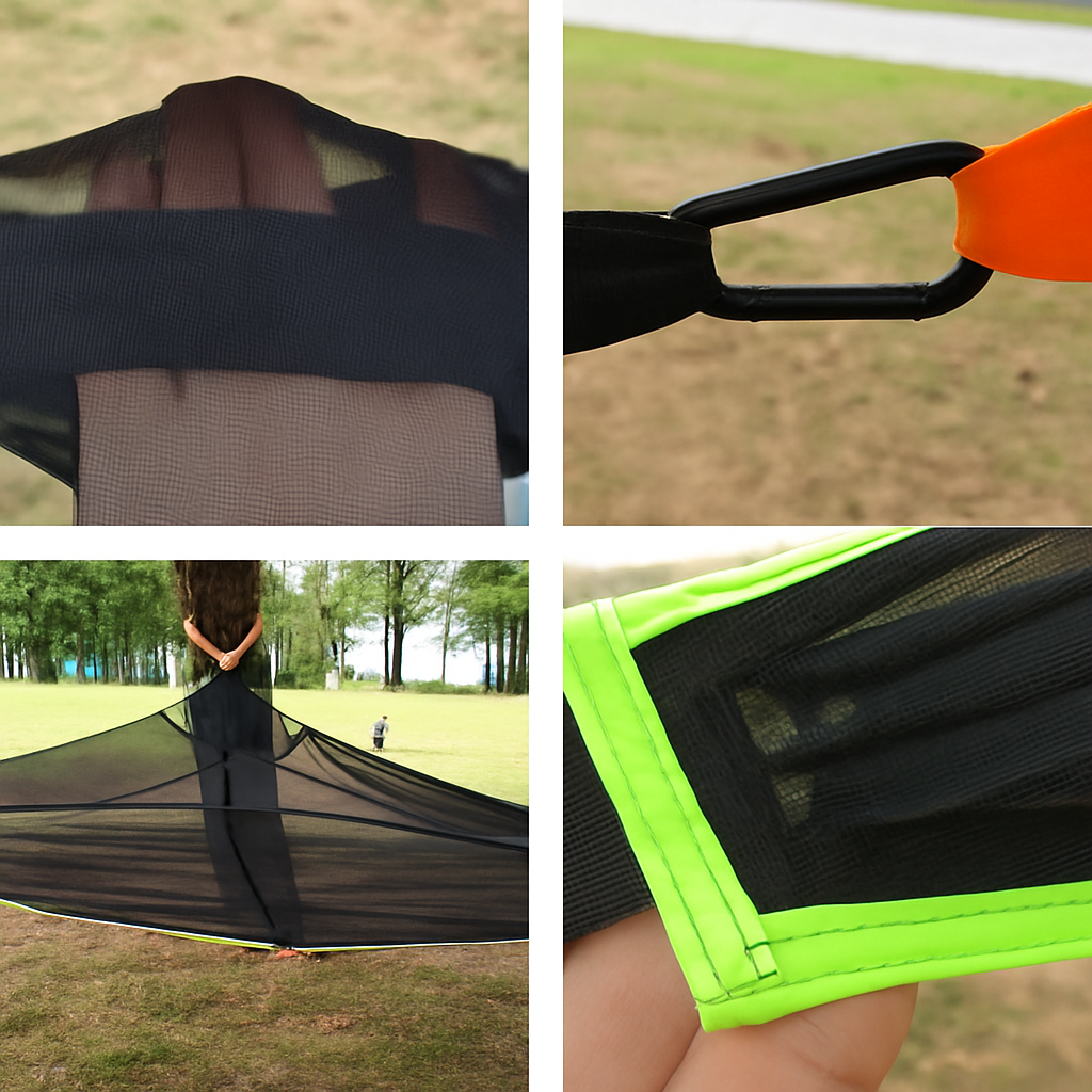 Fire bilder viser detaljer og helhetsinntrykk av en svart trekanthengekøye montert mellom trær i en park. Bildene fremhever slitesterke stropper, solide spenner, forsterkede kanter og det romslige designet. Hengekøyen er laget i mesh-materiale og henger bakkefritt i trekantform mellom tre ankerpunkter.