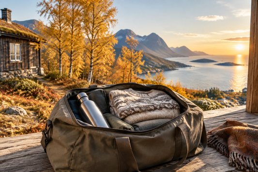 Reisebag, termos og ullgenser foran et høstlandskap med hytte og gule bjørker.