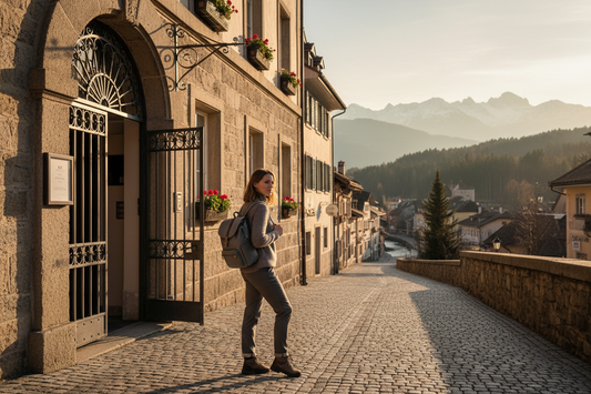 Reisende med sekk ved hotellinngang i europeisk by – kombiner friluftsliv og komfortabelt hotellopphold med Radisson Hotels