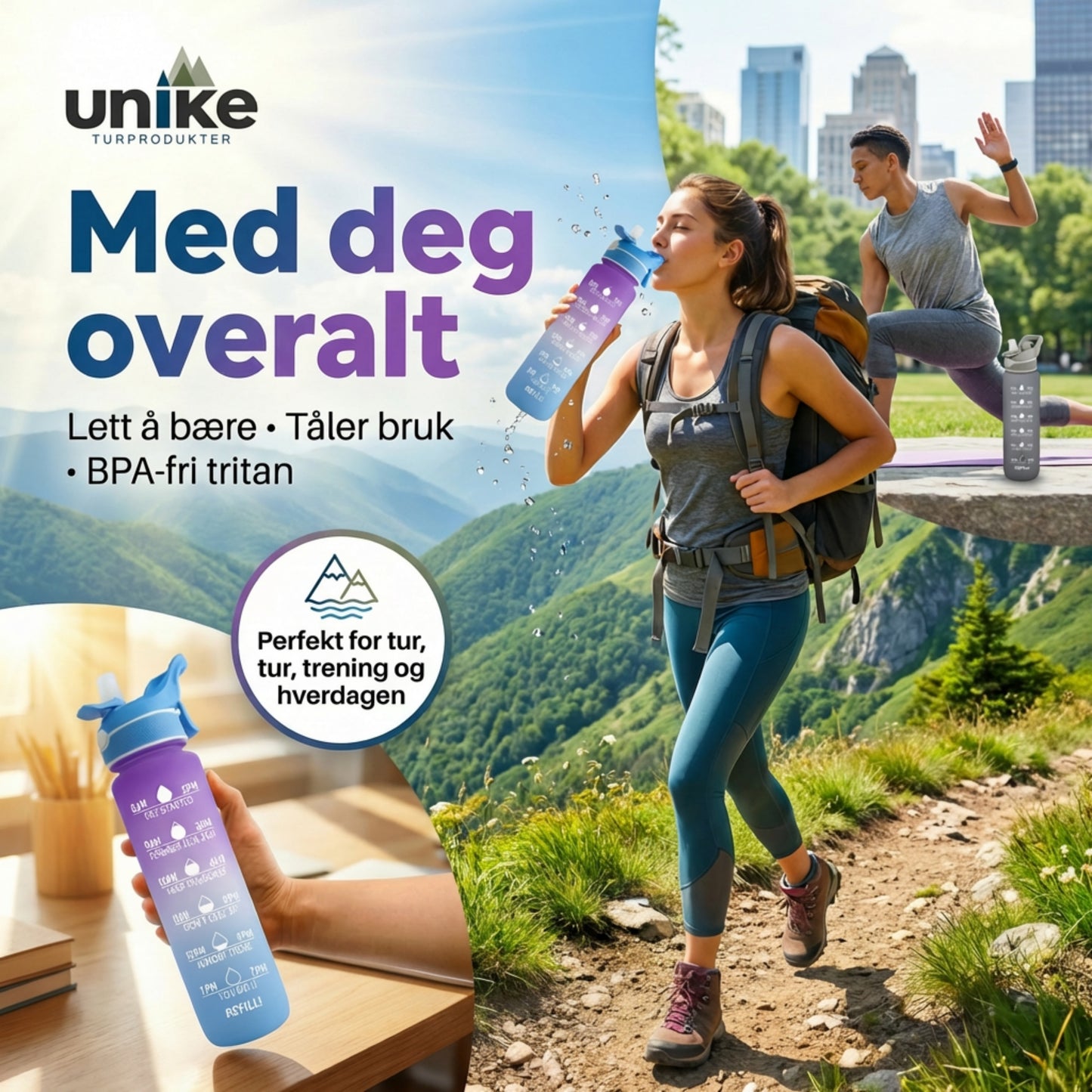 Vannflaske med spray og måleskala – 1000 ml