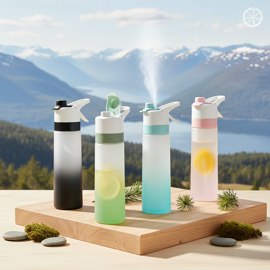 700 ml vannflasker med spray i flere farger - svart, grønn, blå og rosa - vist i naturlig utendørsmiljø