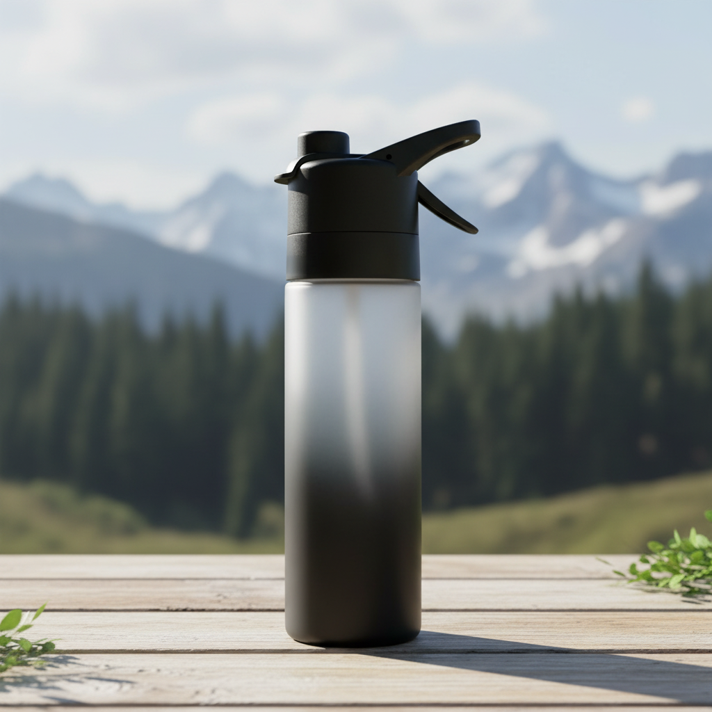 700 ml vannflaske med spray i svart - premium produktbilde med naturlig bakgrunn