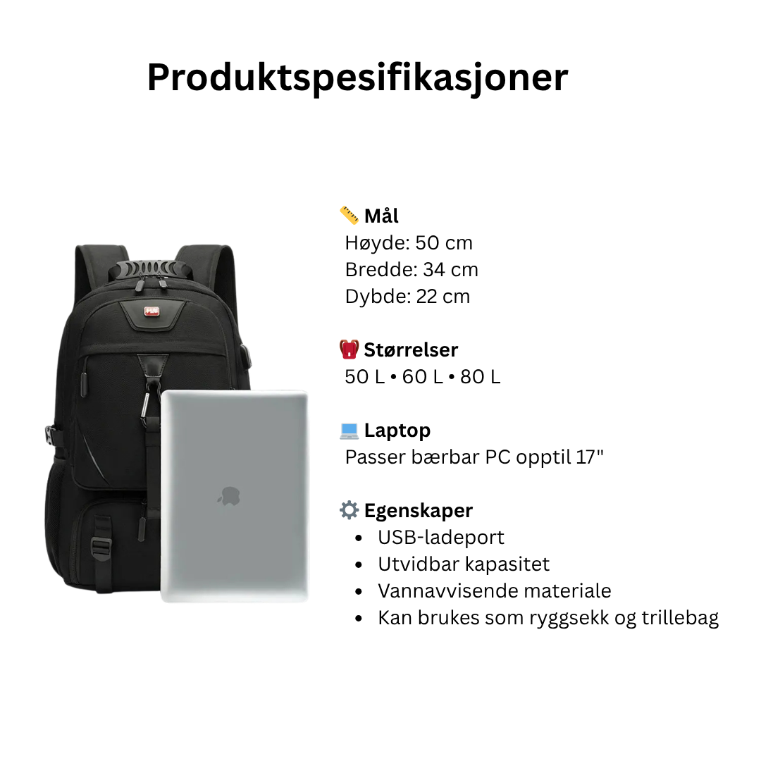Vanntett backpack med USB-lading – 50, 60 og 80 liter