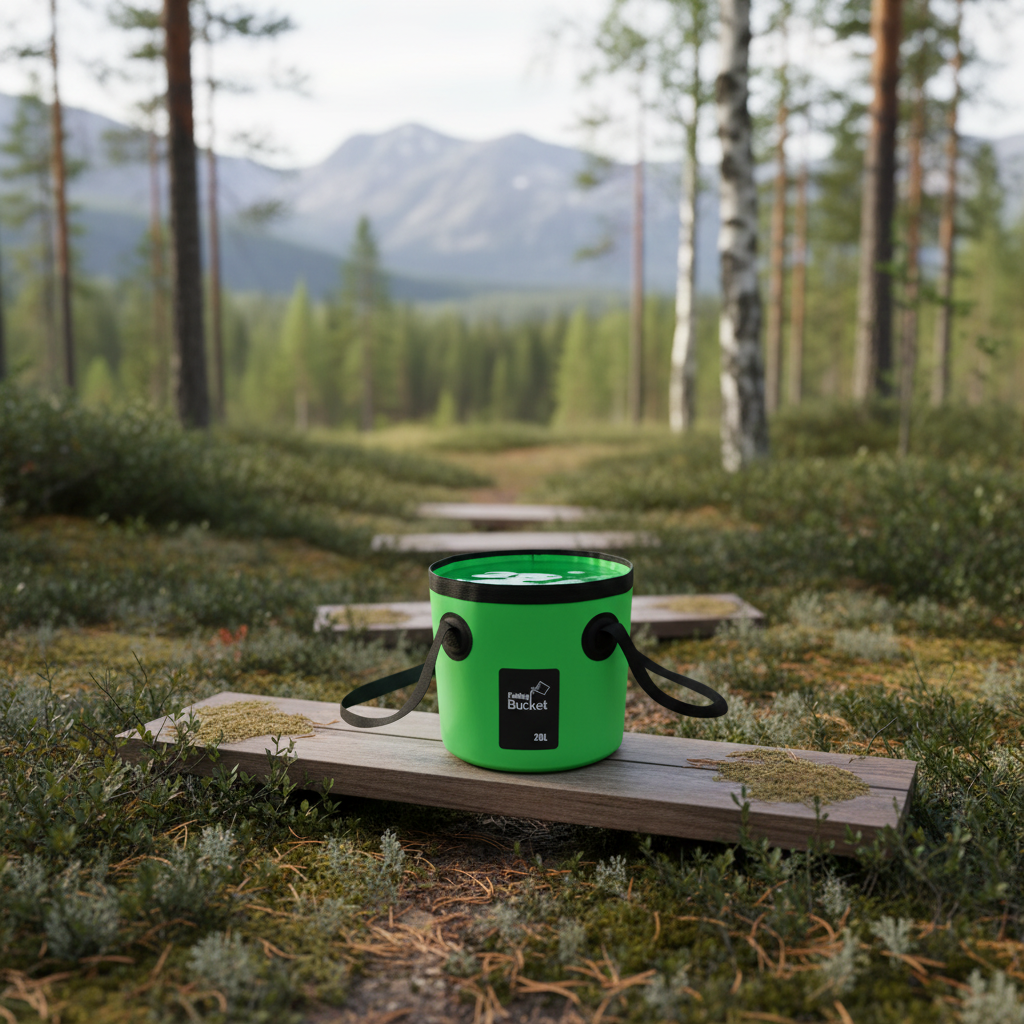 Grønn vanntett og sammenleggbar bøtte  skogen