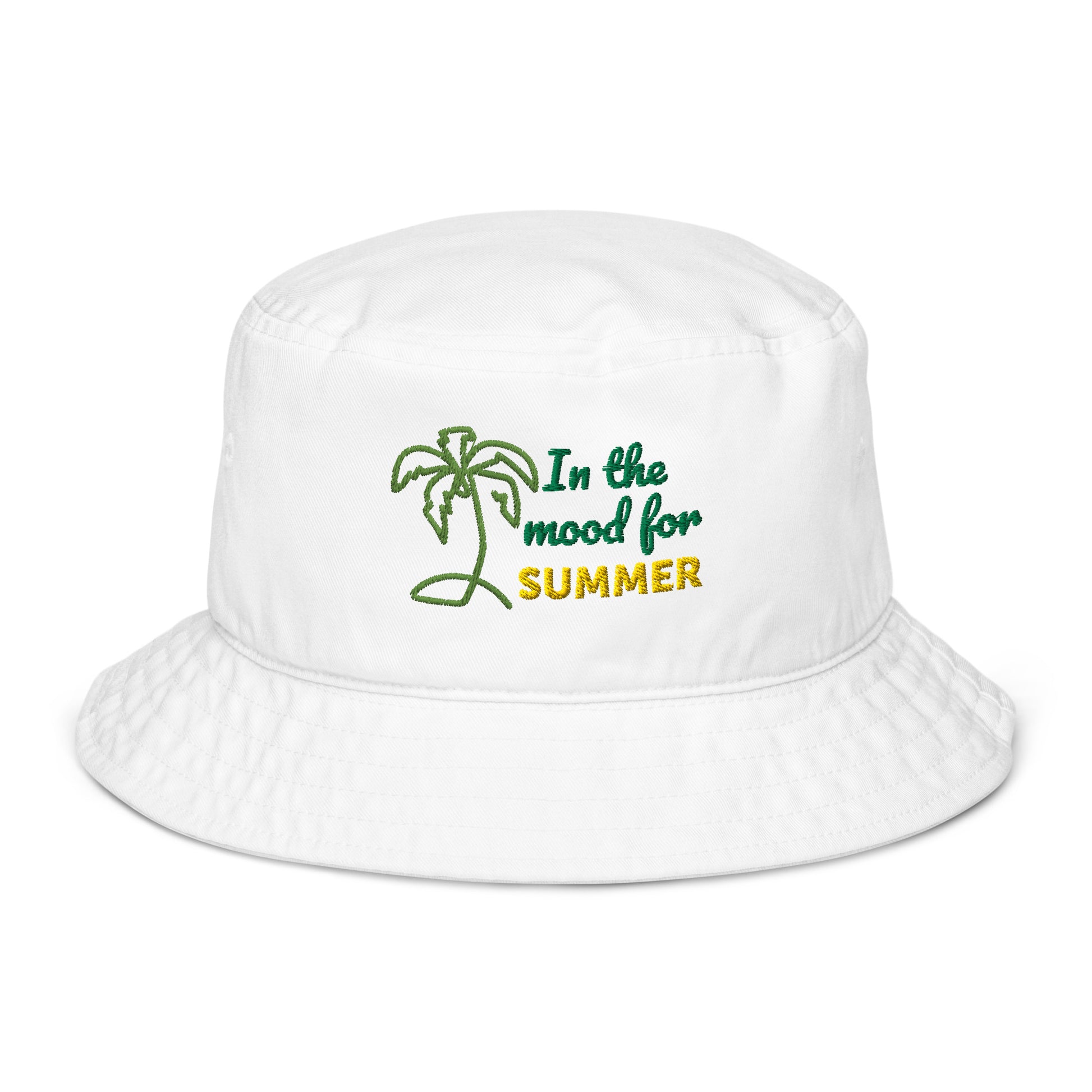 Organisk bøttehatt i 100 % bomull med brodert motiv, pustende og perfekt for både hverdag og friluftsliv.
