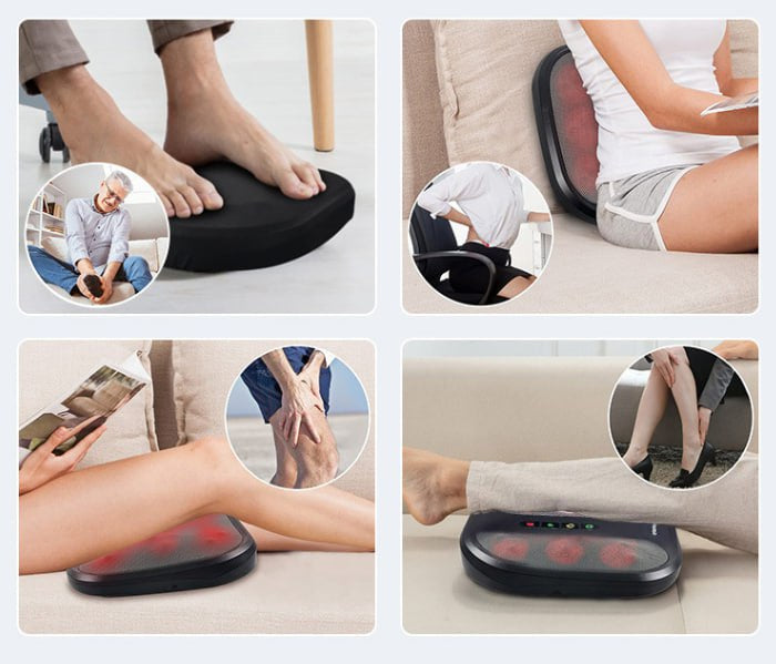 Massasjeapparat for føtter og rygg med varmefunksjon – kompakt, grått design med roterende shiatsu-massasjehoder.