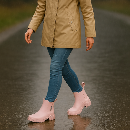 Kvinne går i regnet på en våt vei iført beige regnjakke med hette, blå jeans og lyserosa gummistøvler. Hun smiler og ser komfortabel ut til tross for været.






