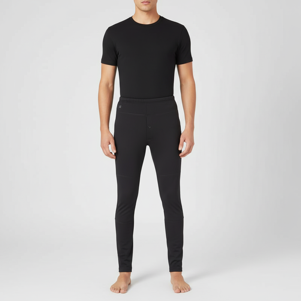 Mann i svarte smarte varmebukser med USB-temperaturkontroll for vinteraktiviteter