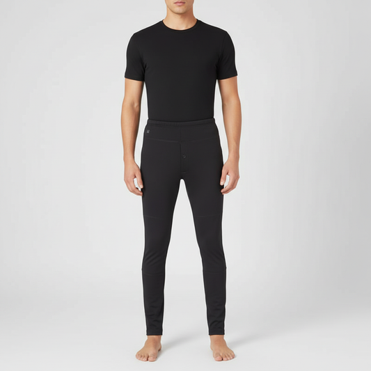 Mann i svarte smarte varmebukser med USB-temperaturkontroll for vinteraktiviteter