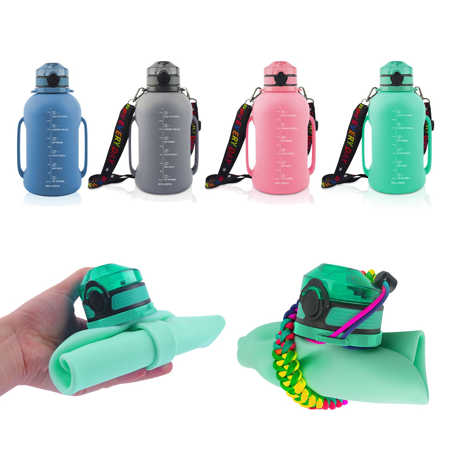 En sammenleggbar vannflaske med to liter kapasitet, laget av holdbart, BPA-fritt materiale. Ideell for friluftsaktiviteter, reise og trening. Flaske designet for enkel oppbevaring når den ikke er i bruk.