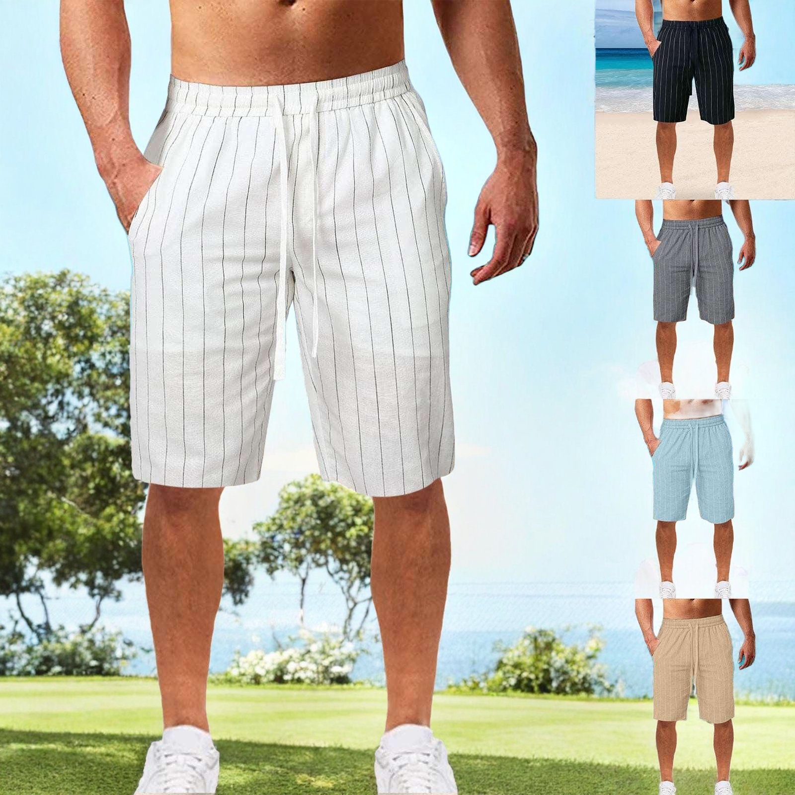 Stripete herreshorts med snøring og elastisk midje, ideelle for komfort og stil. Designet i myk og lett materiale, perfekt for varme dager. Shortsene har en moderne stripemønster med en justerbar snøring for optimal passform. Passer godt til både avslappede og sporty anledninger.