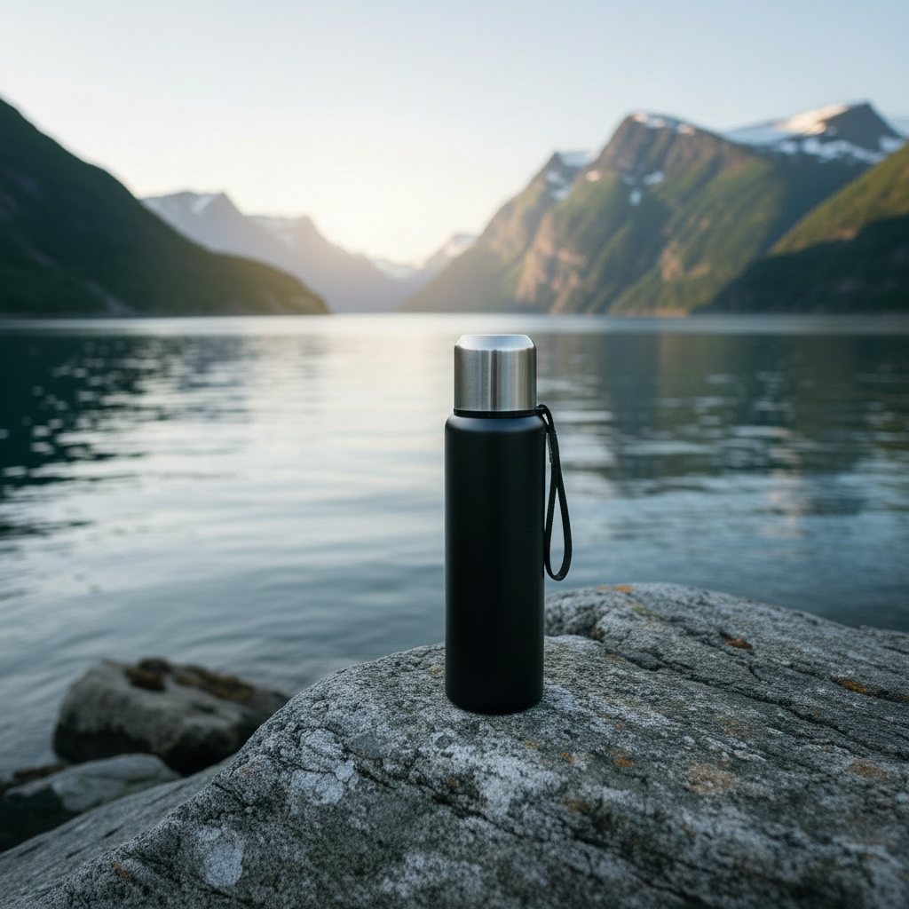 En elegant svart termoflaske med stålkork og bærestropp, plassert på en steinblokk ved en norsk fjord med fjell i bakgrunnen