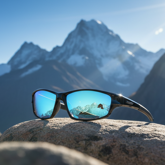 Svarte sportssolbriller med blå speilglass og DUBERY-logo, vist fra front og side