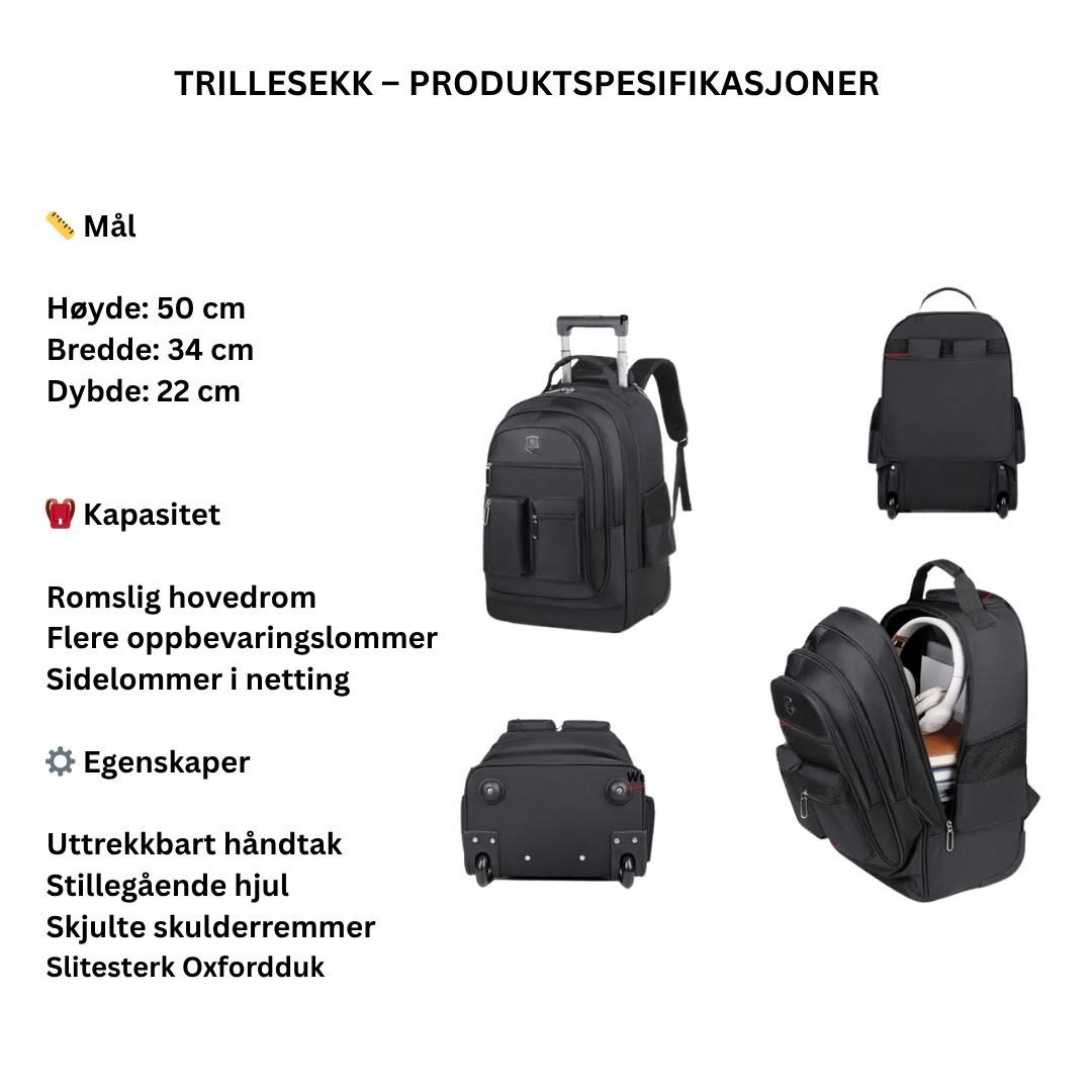 Trillesekk med hjul og stor kapasitet