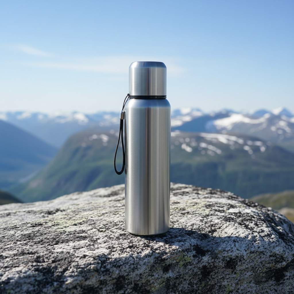 Termoflaske i polert rustfritt stål på fjelltopp med snødekte fjell og blå himmel i bakgrunnen