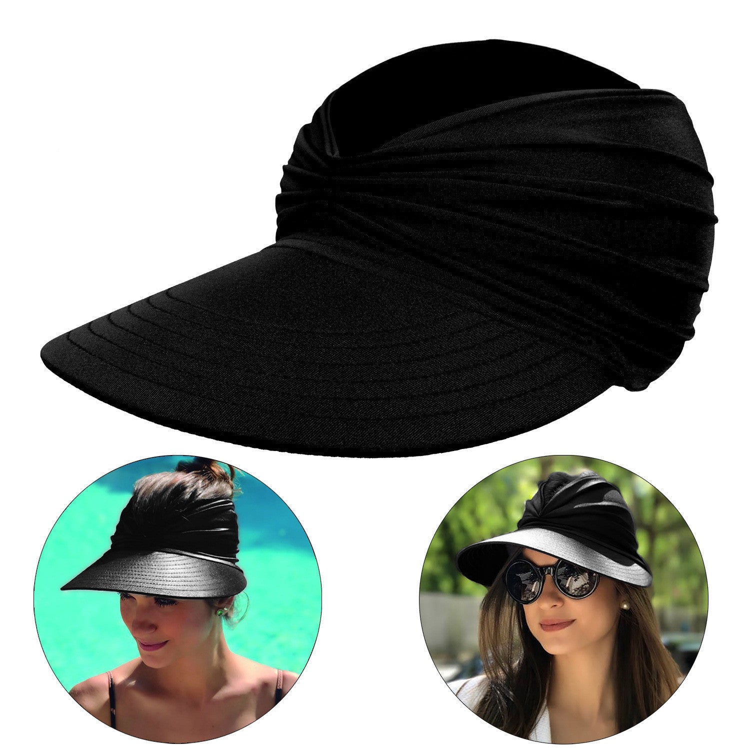 Trendy svart solhatt for kvinner med bred brem og åpen topp – perfekt for solfylte dager og plass til hestehale.