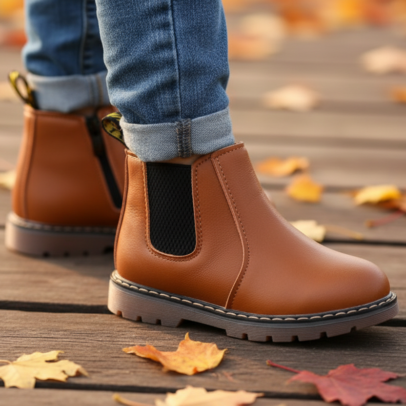 Barneføtter med brune støvletter med glidelås