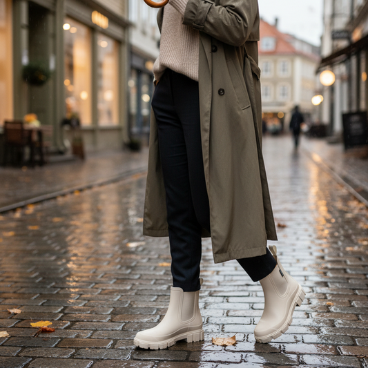 Beige regnstøvler i bruk