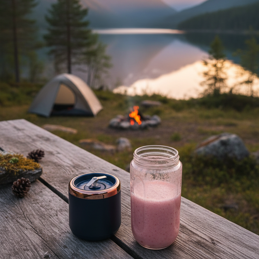 Bærbar blender med rosa smoothie i naturskjønt utendørsmiljø ved vann, perfekt for friluftsaktiviteter og sunn livsstil på tur


