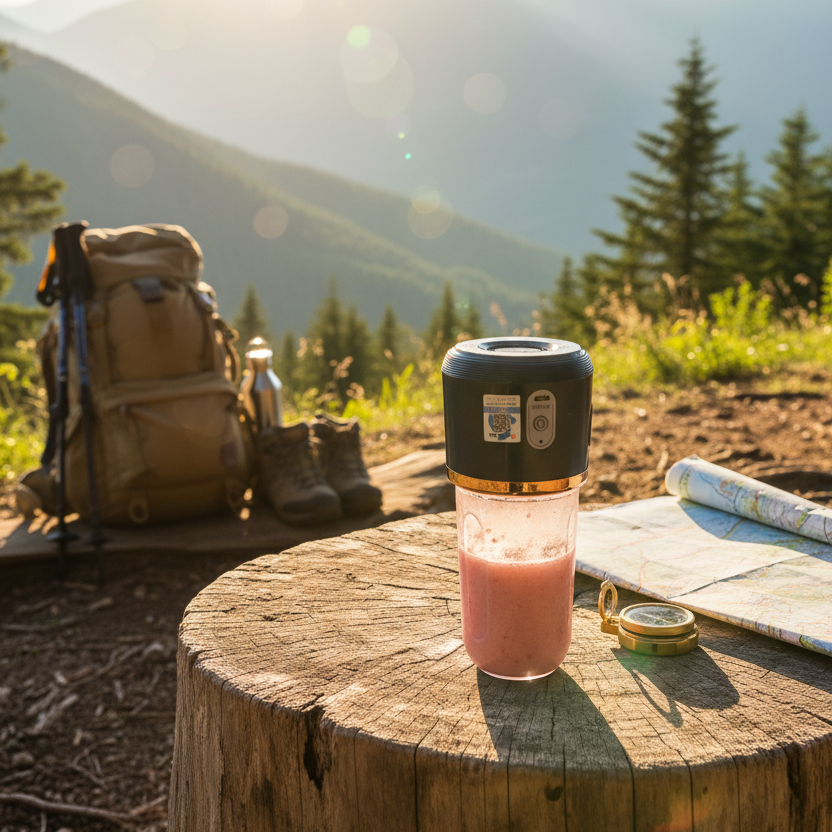 Friluftslivscene der en blender står på en trestubbe i skogen