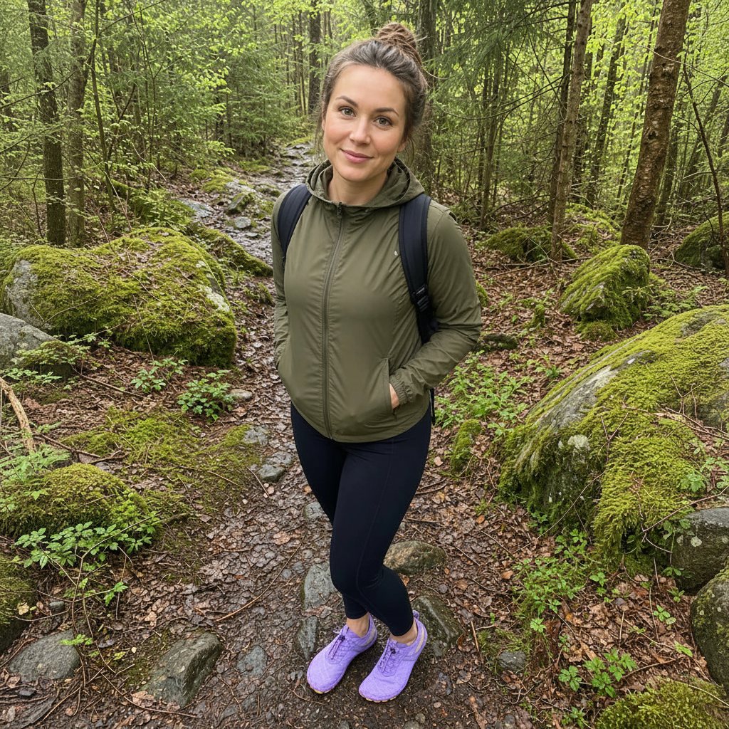 Dame med lilla barfotsko i skogen – kvadratisk