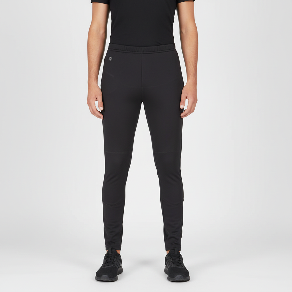 Dame i svarte smarte varmebukser med USB-temperaturkontroll for vinteraktiviteter