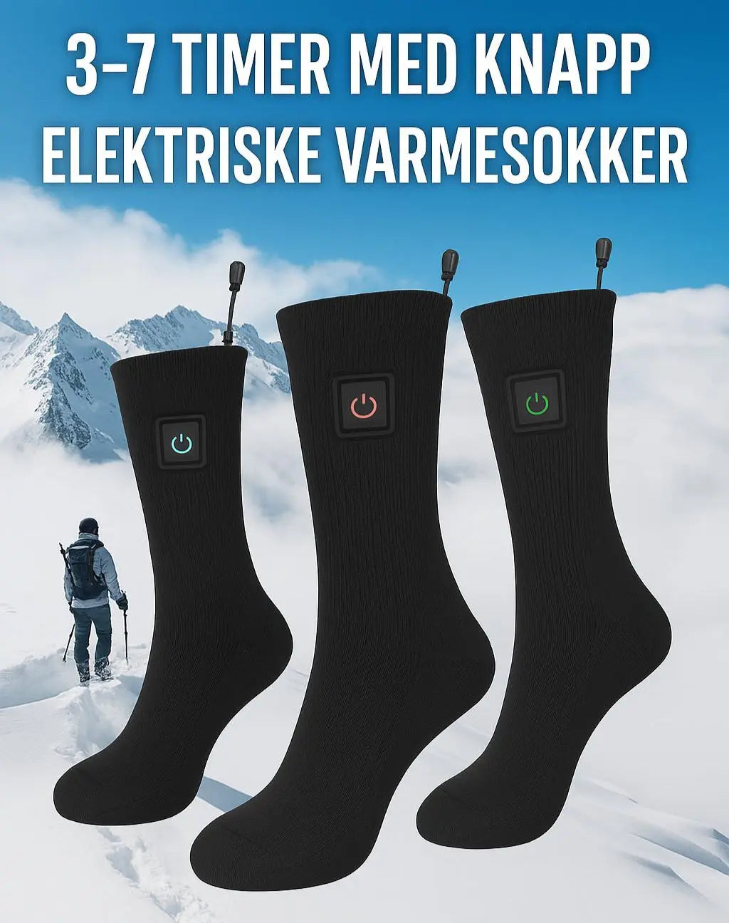 Tre par elektriske varmesokker vises foran et snødekt fjellandskap. Sokker med innebygd knapp for varmejustering, designet i pustende og komfortabelt materiale for utendørsaktiviteter i kaldt vær.