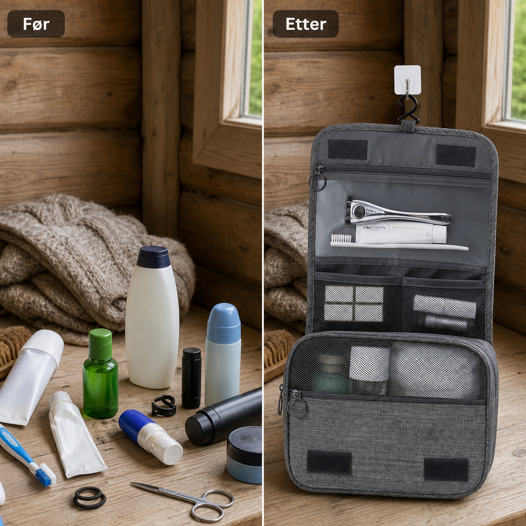 Sammenleggbar toalettmappe med smart organisering