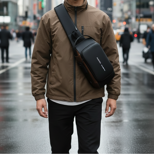 Frontbilde av mann med bred rem og slingbag
