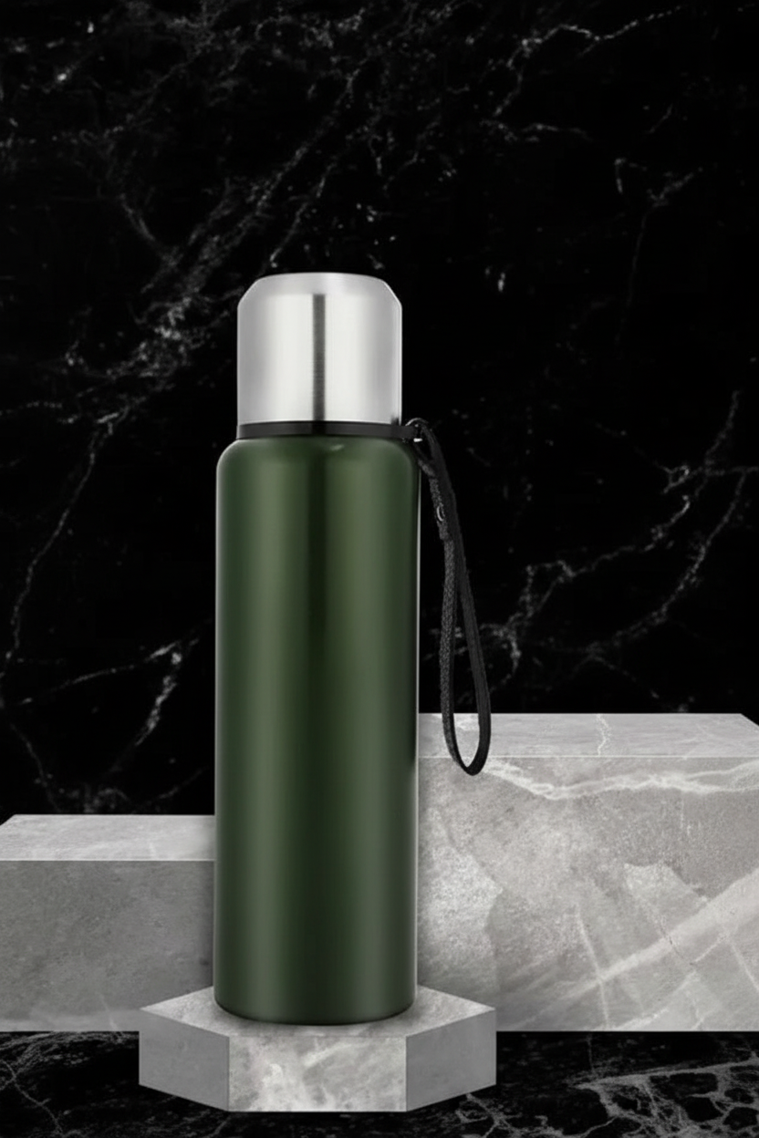 Grønn termoflaske på marmorsokkel