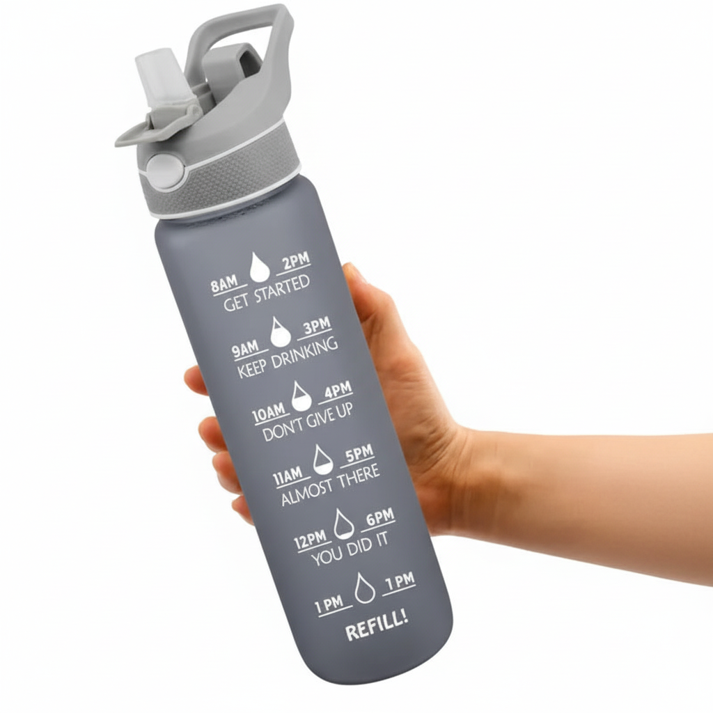 Grå vannflaske med spray og måling med kapasitet på 1000 ml 