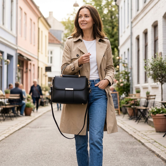 Svart håndveske i bruk på bytur