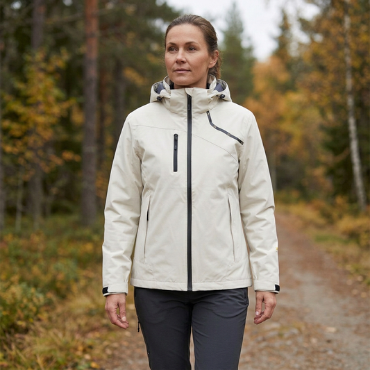 Kvinne med hvit skalljakke på skogstur