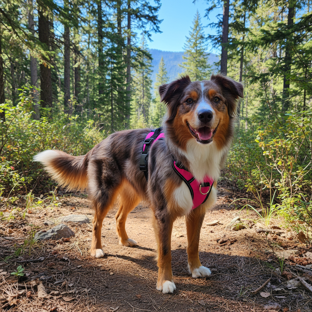 Hund med rosa justerbar hundesele i nylon på tur