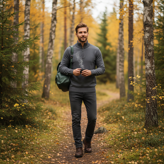 Mann i grå genser med matt svart glidelås