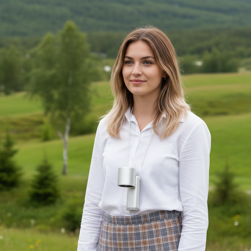 Norsk dame med vifte rundt halsen