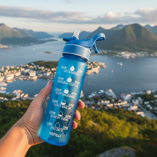 Person holder vannflaske med Ålesund bakgrunn