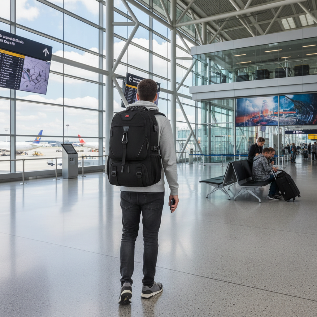 Person med backpack på flyplass