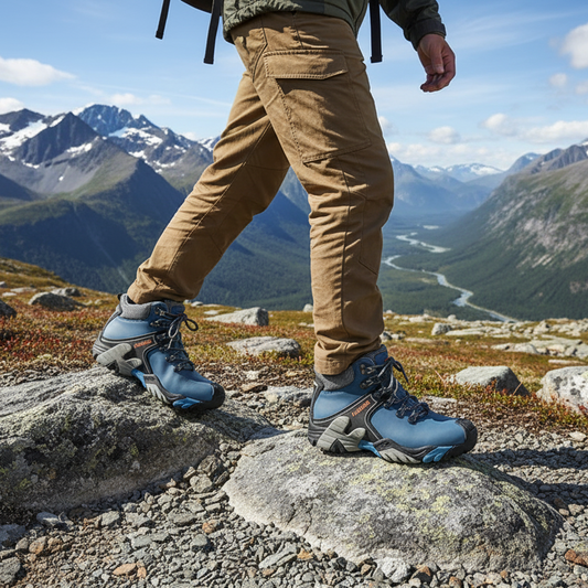 Person på fjelltur med blå tursko